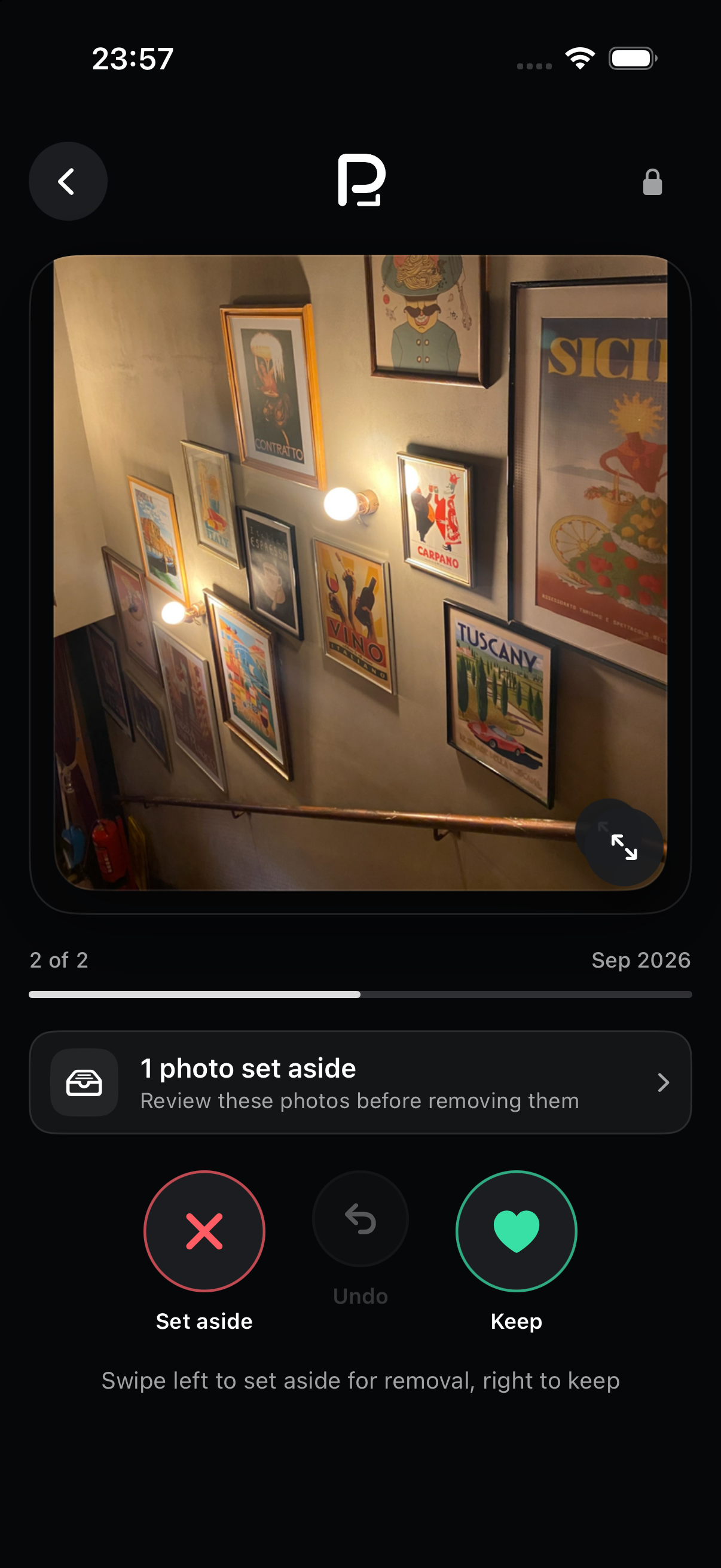 The real PicDecide review screen showing one photo with Set aside, Undo, and Keep controls