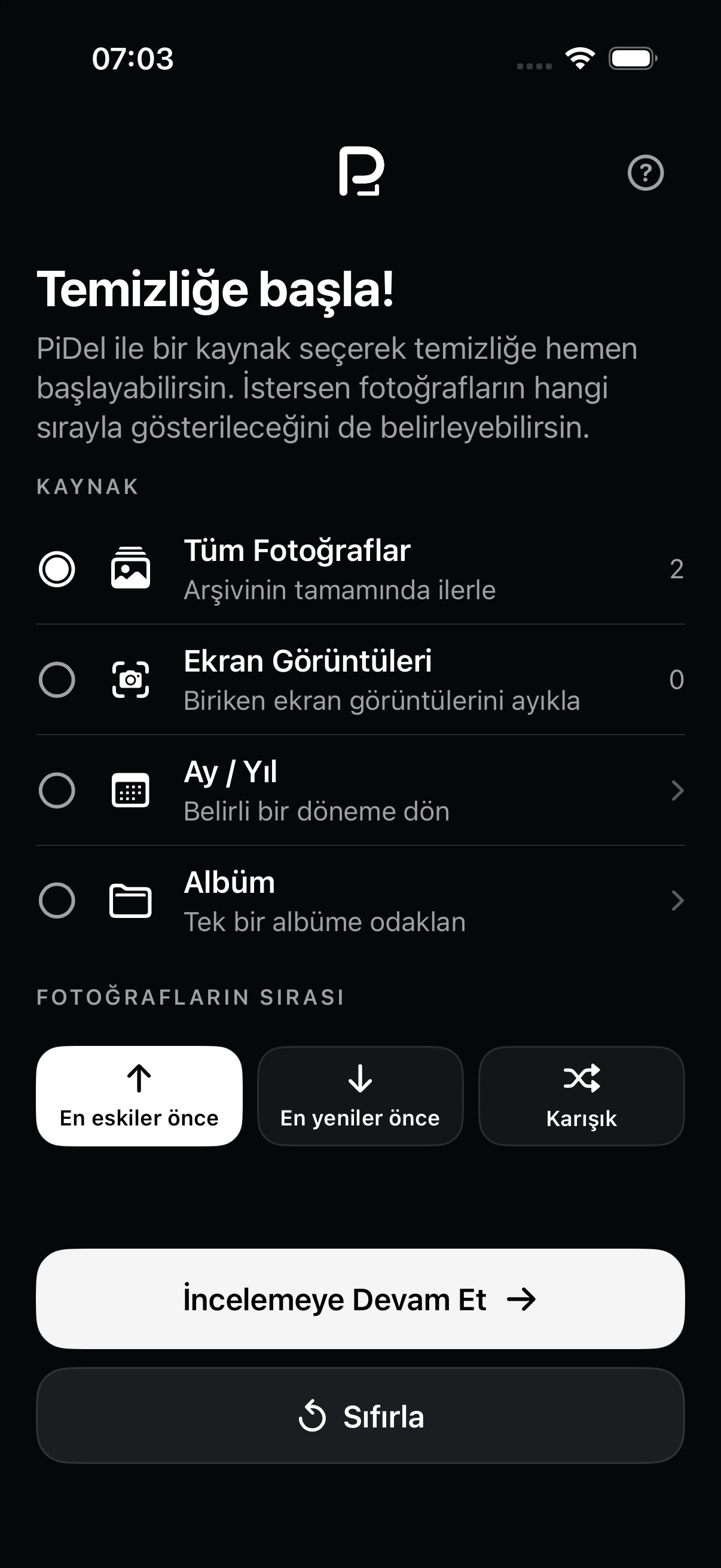PicDecide fotoğraf kaynağı ve sıralama seçim ekranı