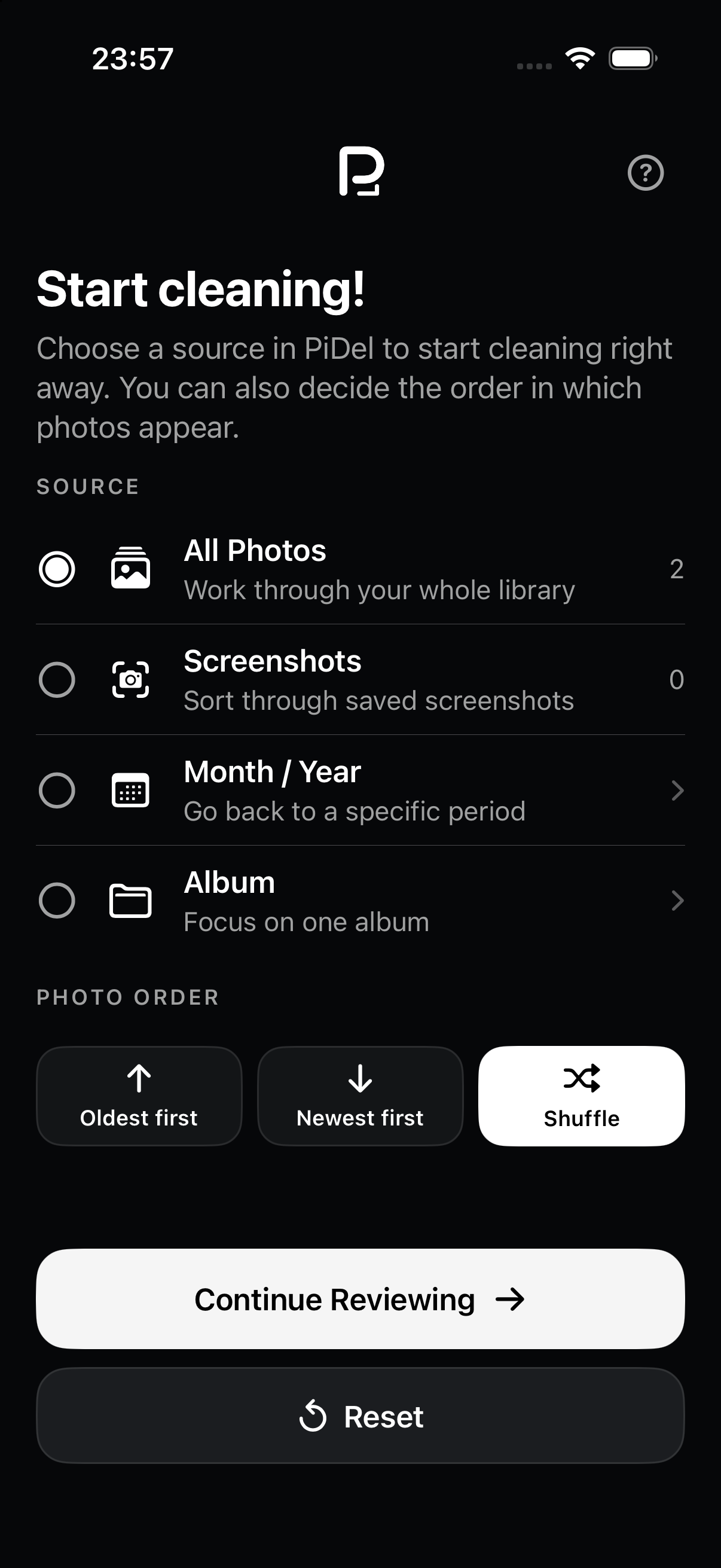 The real PicDecide source screen with All Photos, Screenshots, Month or Year, Album, and photo order choices